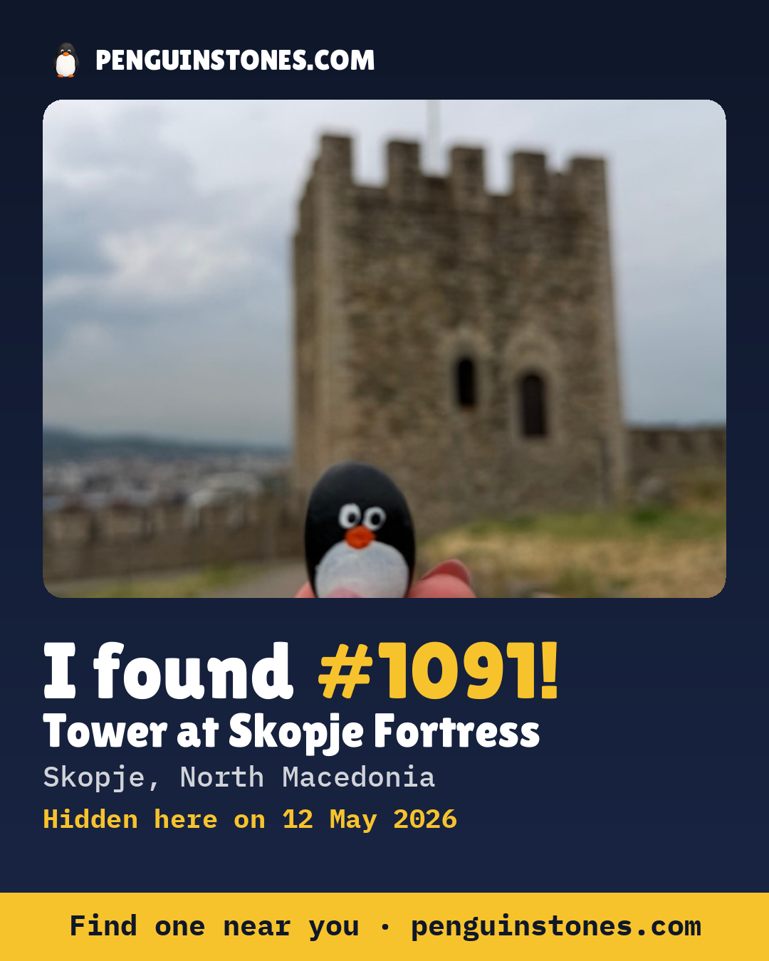Obrázok s nápisom „I found #1091“: fotka kameňa, kde je a ako ďaleko docestoval