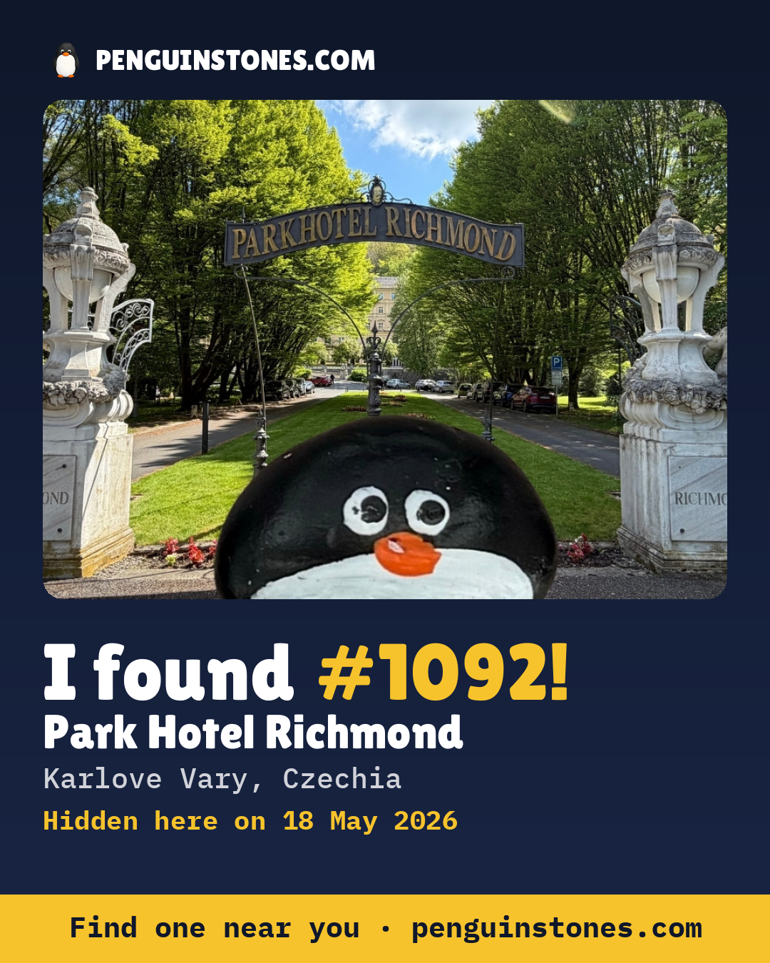 Obrázok s nápisom „I found #1092“: fotka kameňa, kde je a ako ďaleko docestoval