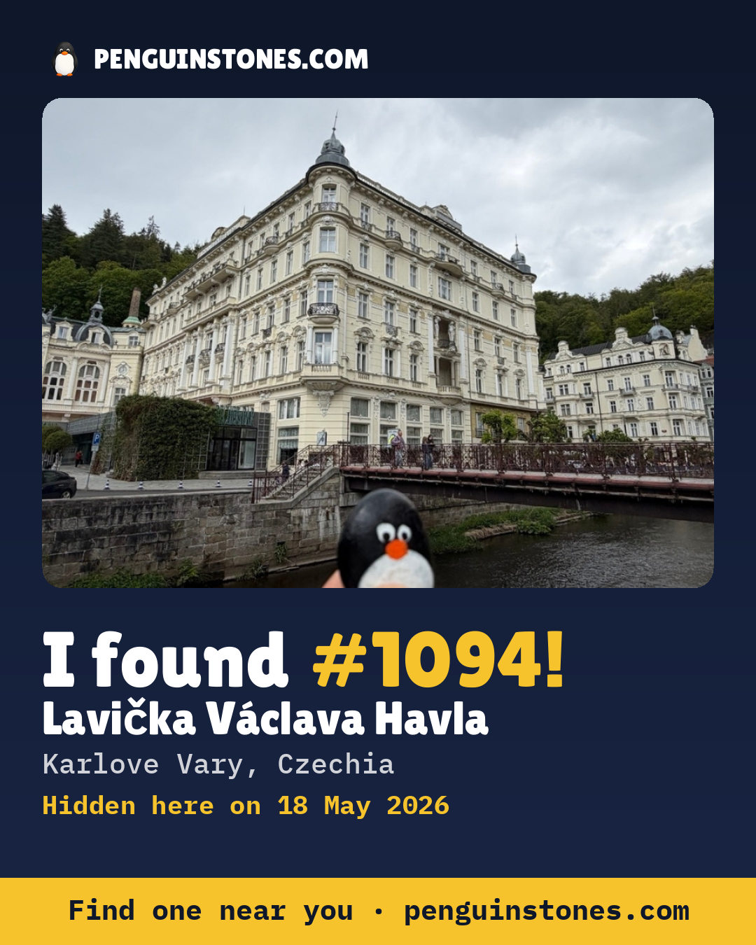 Obrázok s nápisom „I found #1094“: fotka kameňa, kde je a ako ďaleko docestoval