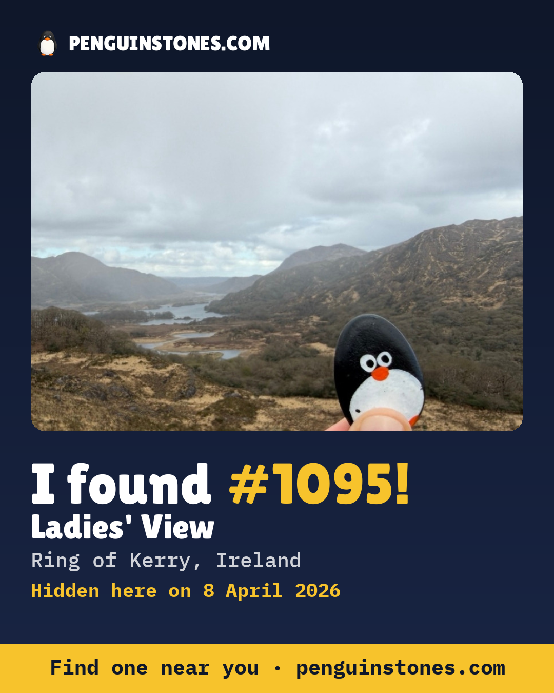 Obrázok s nápisom „I found #1095“: fotka kameňa, kde je a ako ďaleko docestoval