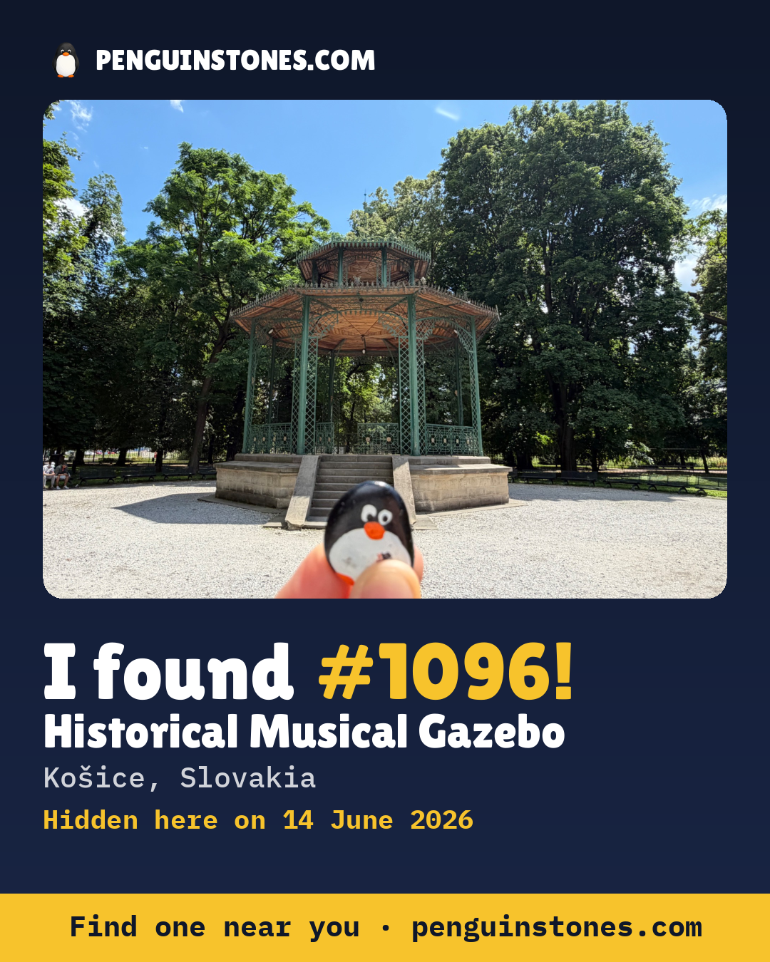 Obrázok s nápisom „I found #1096“: fotka kameňa, kde je a ako ďaleko docestoval