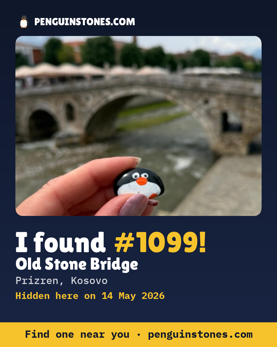 Obrázok s nápisom „I found #1099“: fotka kameňa, kde je a ako ďaleko docestoval