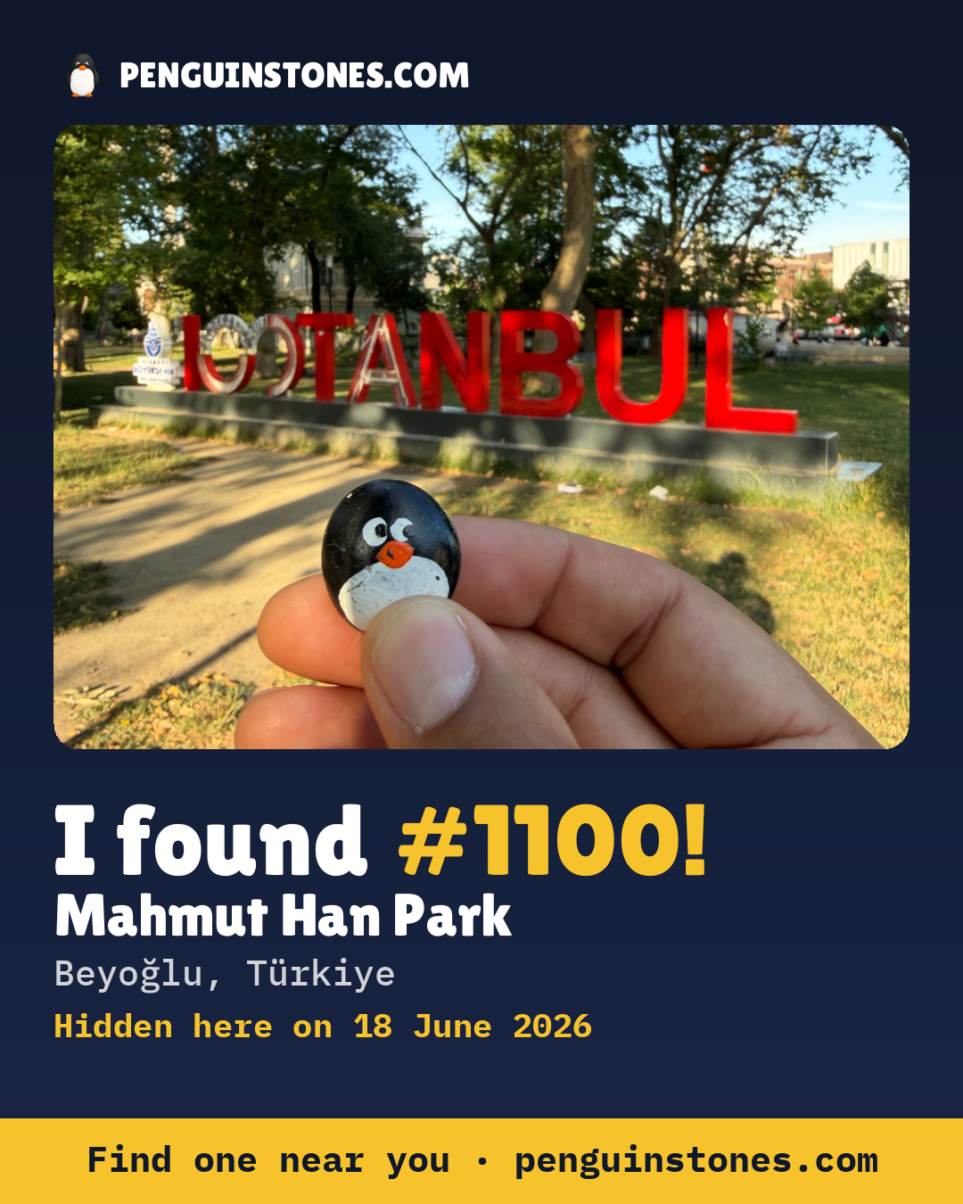Obrázok s nápisom „I found #1100“: fotka kameňa, kde je a ako ďaleko docestoval