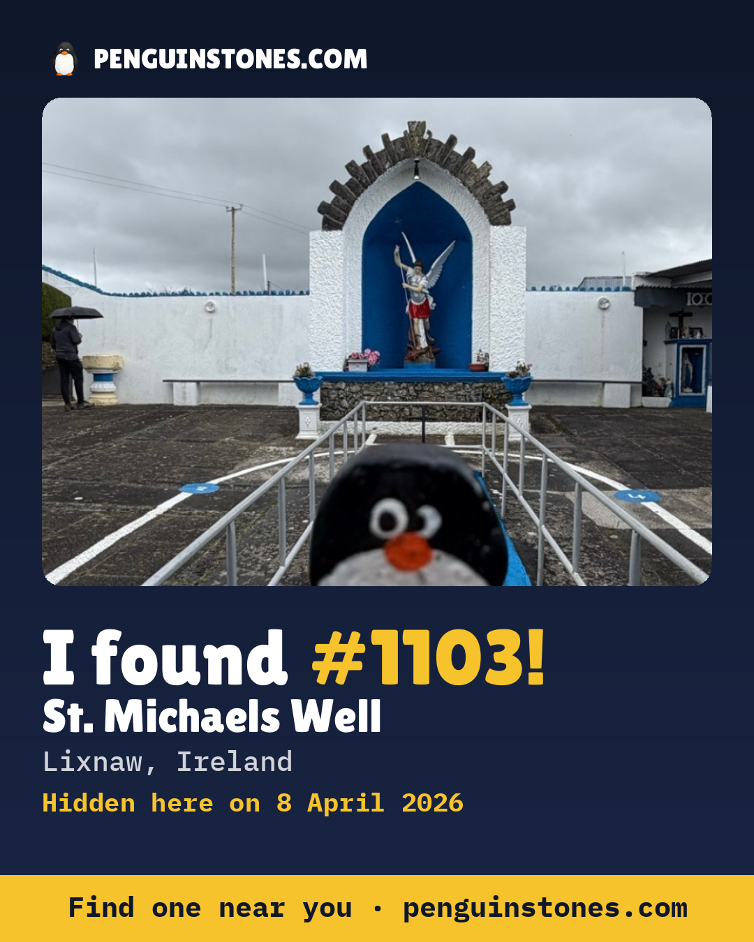 Obrázok s nápisom „I found #1103“: fotka kameňa, kde je a ako ďaleko docestoval
