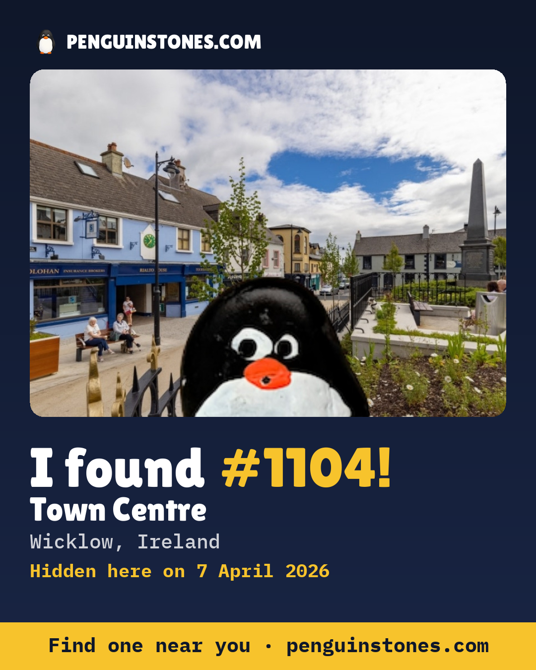 Obrázok s nápisom „I found #1104“: fotka kameňa, kde je a ako ďaleko docestoval