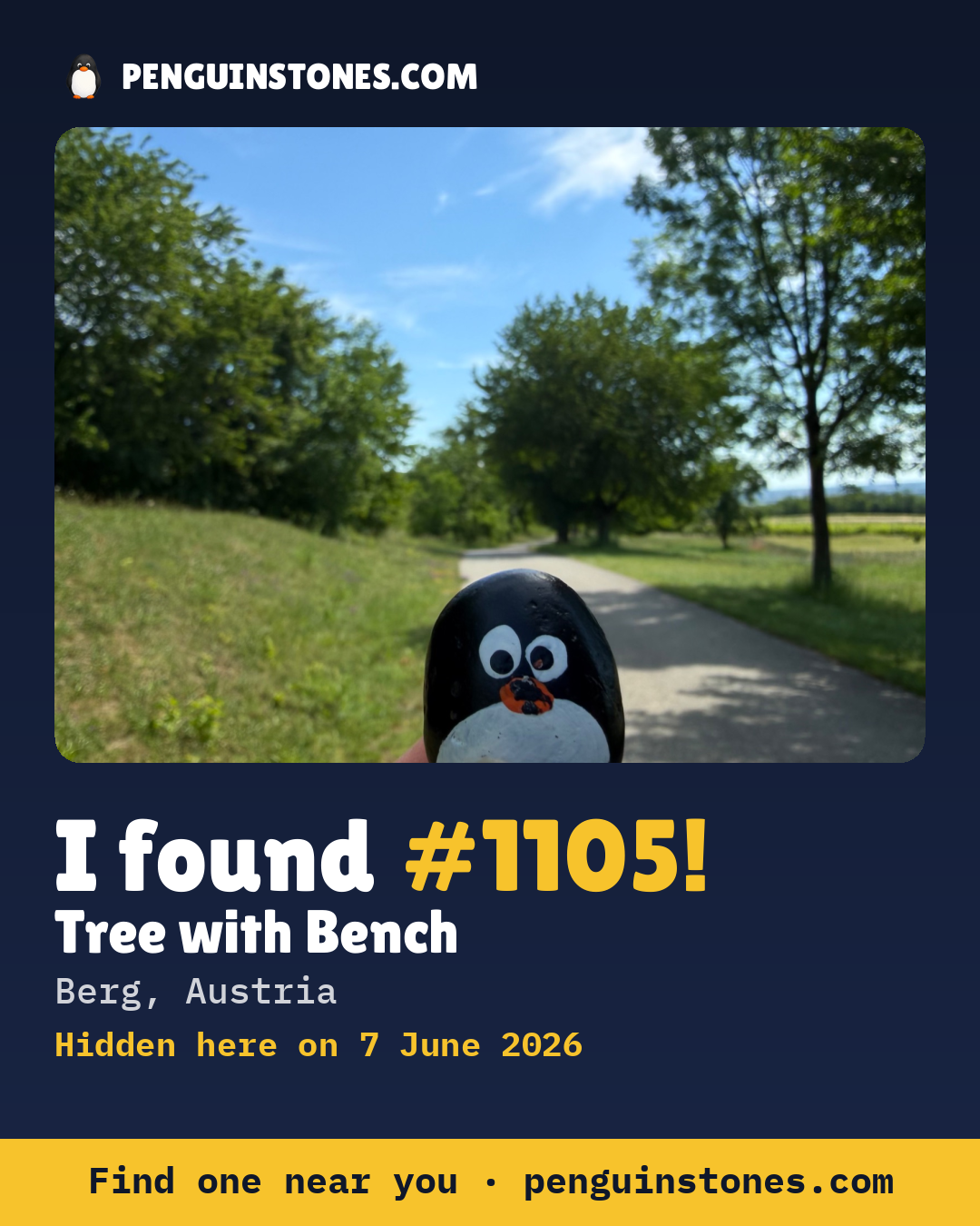 Obrázok s nápisom „I found #1105“: fotka kameňa, kde je a ako ďaleko docestoval