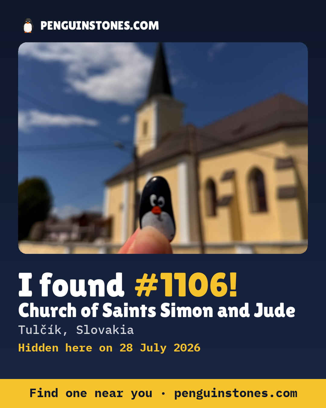 Obrázok s nápisom „I found #1106“: fotka kameňa, kde je a ako ďaleko docestoval