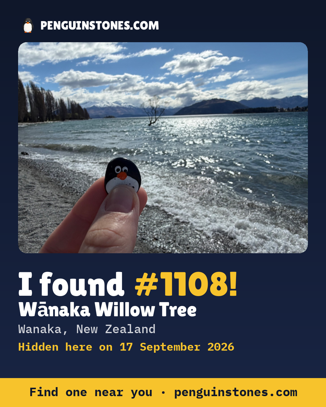 Obrázok s nápisom „I found #1108“: fotka kameňa, kde je a ako ďaleko docestoval