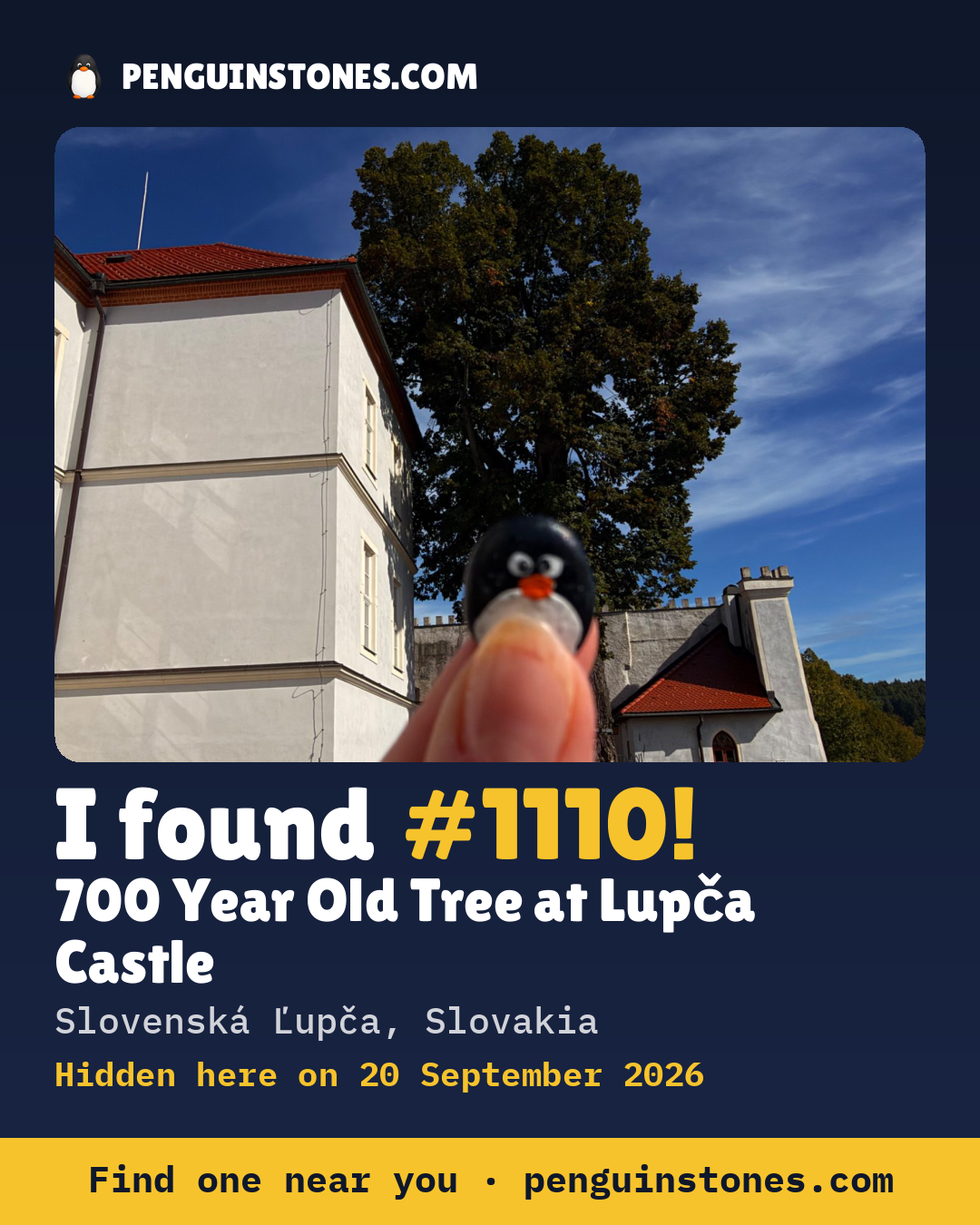 Obrázok s nápisom „I found #1110“: fotka kameňa, kde je a ako ďaleko docestoval