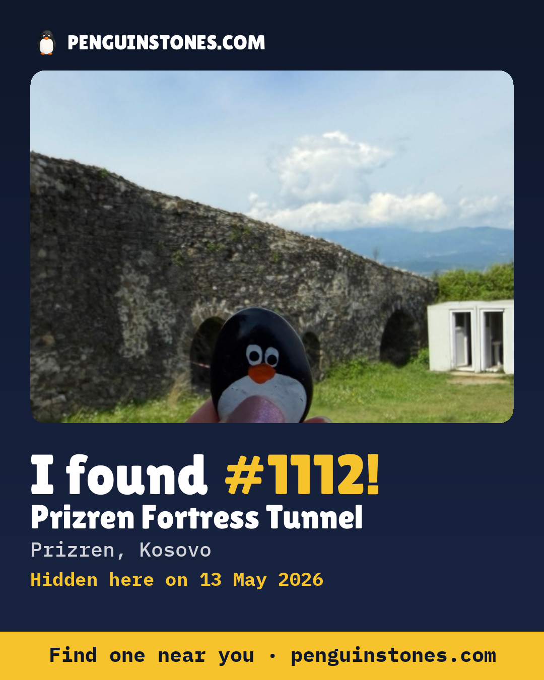 Obrázok s nápisom „I found #1112“: fotka kameňa, kde je a ako ďaleko docestoval
