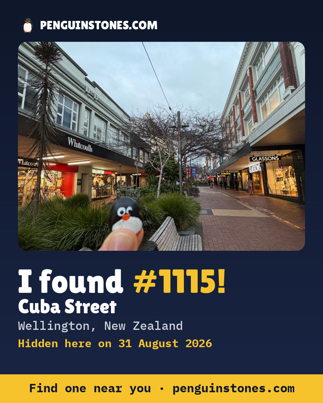 Obrázok s nápisom „I found #1115“: fotka kameňa, kde je a ako ďaleko docestoval