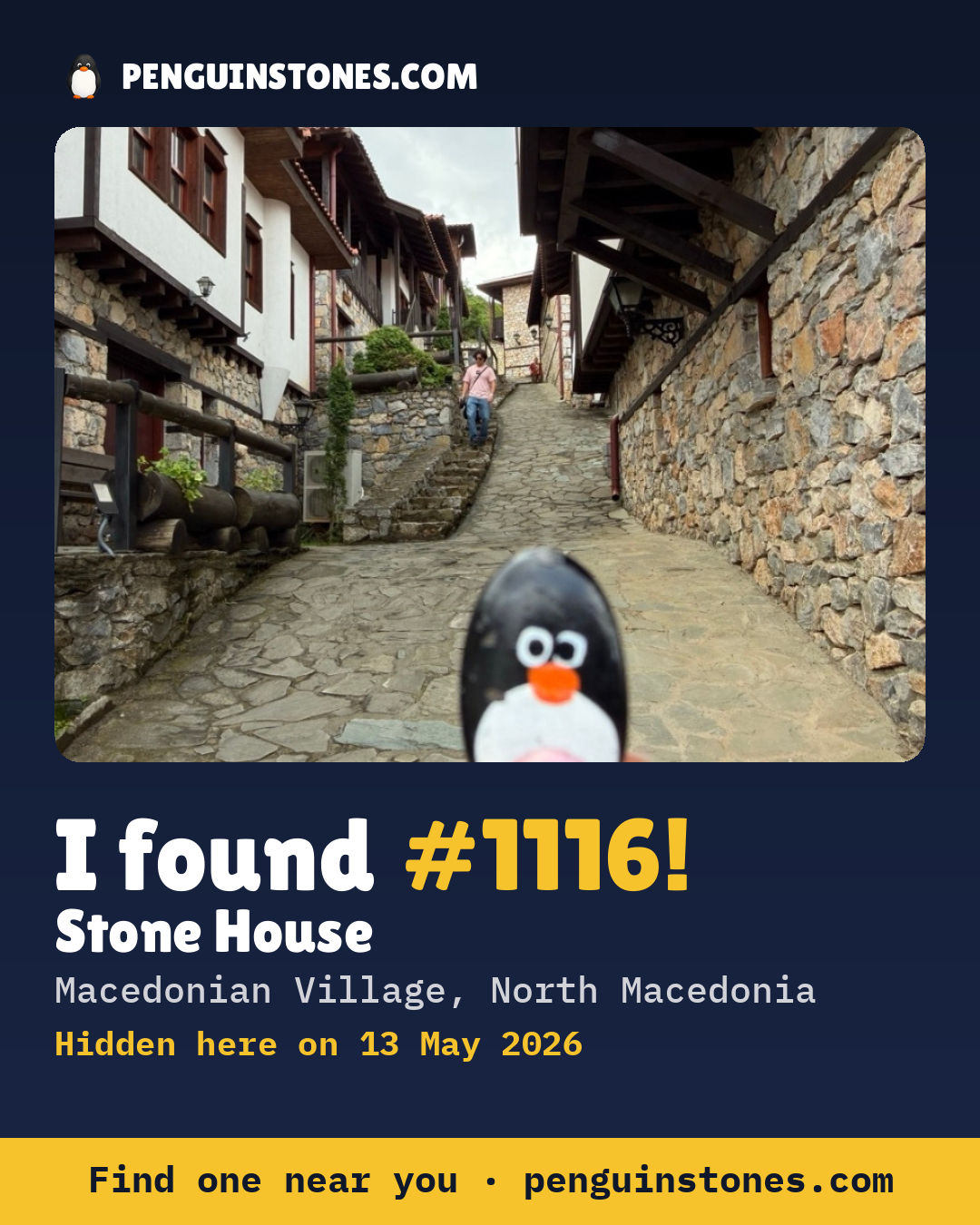 Obrázok s nápisom „I found #1116“: fotka kameňa, kde je a ako ďaleko docestoval