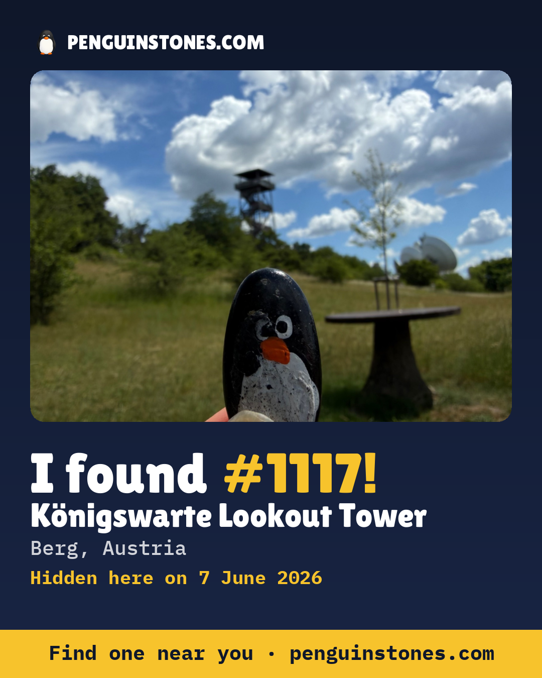 Obrázok s nápisom „I found #1117“: fotka kameňa, kde je a ako ďaleko docestoval