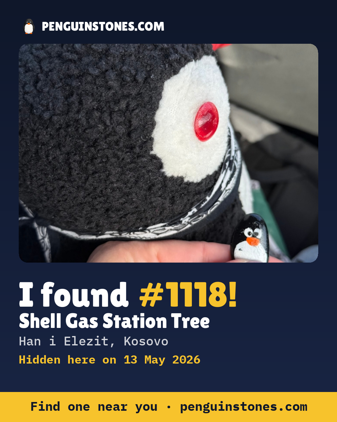 Obrázok s nápisom „I found #1118“: fotka kameňa, kde je a ako ďaleko docestoval