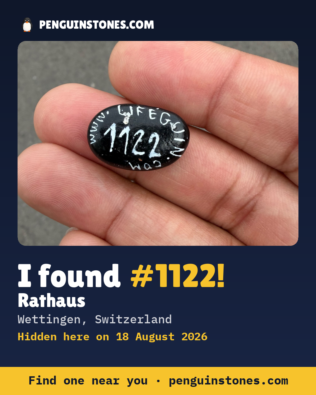 Obrázok s nápisom „I found #1122“: fotka kameňa, kde je a ako ďaleko docestoval