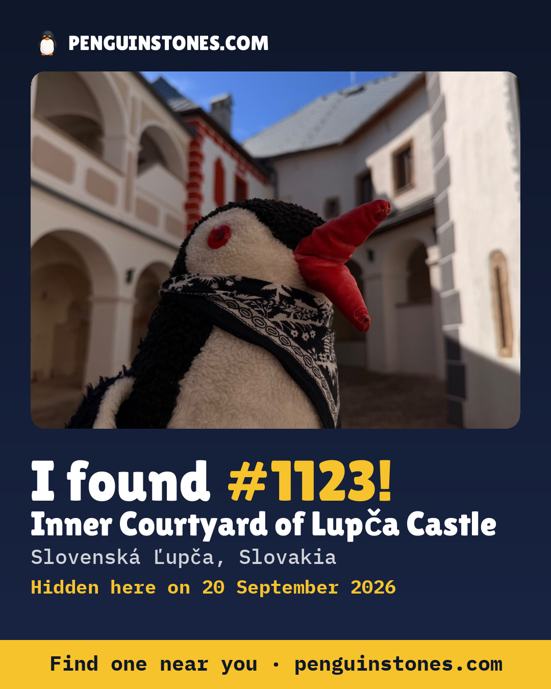 Obrázok s nápisom „I found #1123“: fotka kameňa, kde je a ako ďaleko docestoval