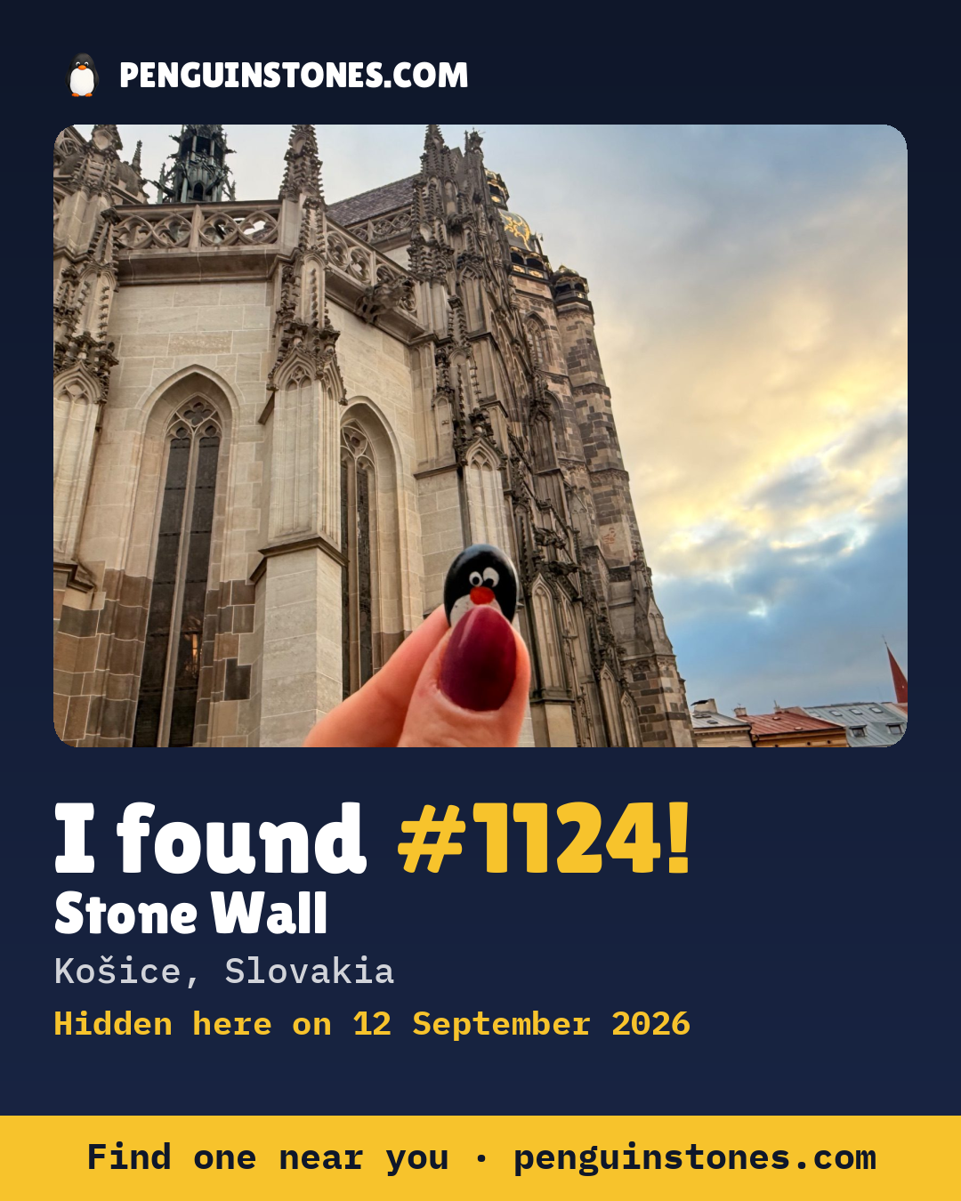 Obrázok s nápisom „I found #1124“: fotka kameňa, kde je a ako ďaleko docestoval