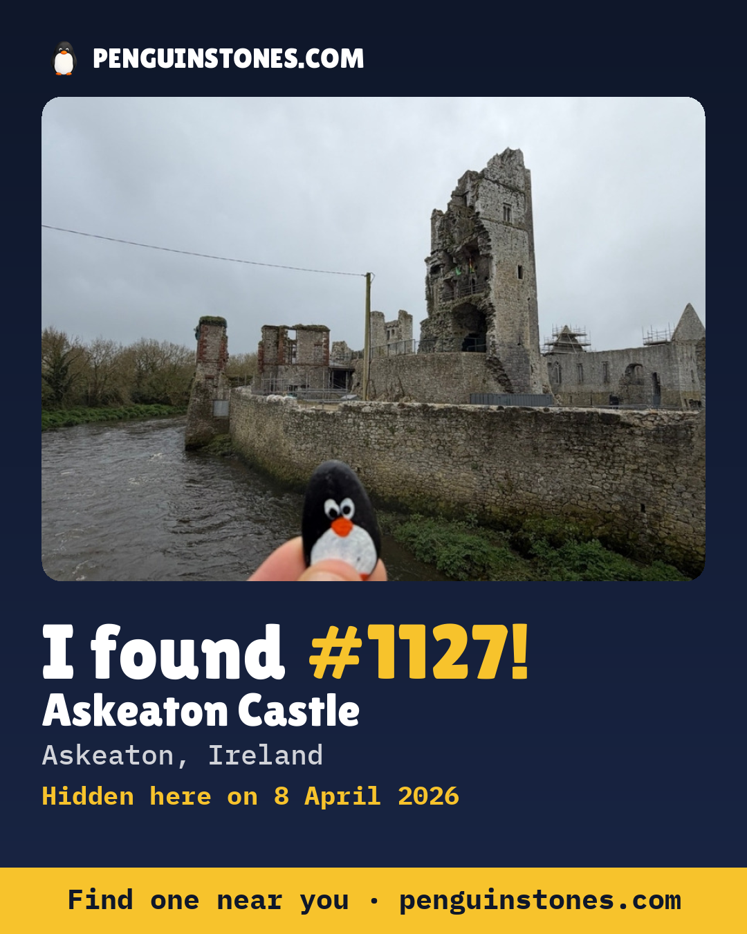 Obrázok s nápisom „I found #1127“: fotka kameňa, kde je a ako ďaleko docestoval