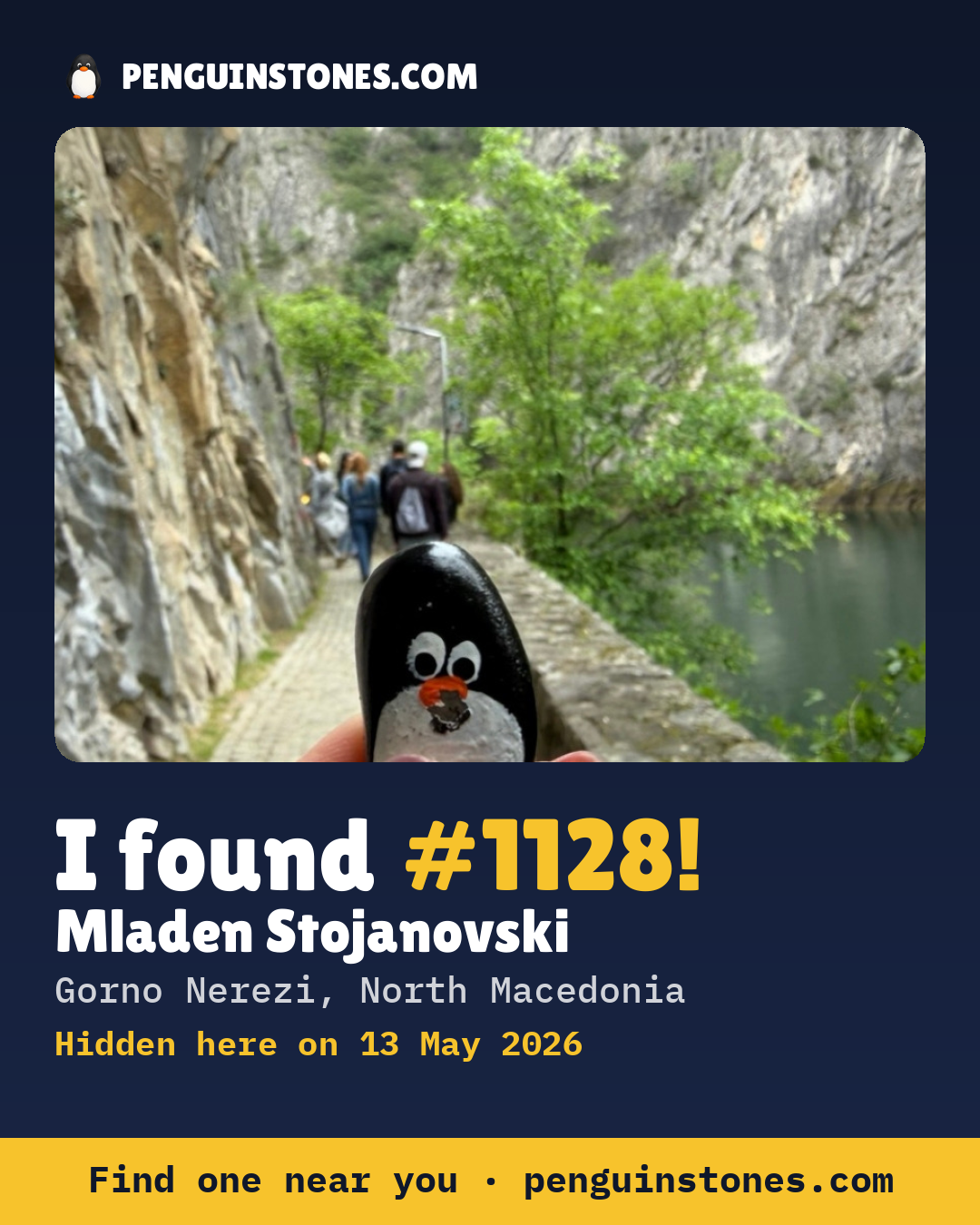Obrázok s nápisom „I found #1128“: fotka kameňa, kde je a ako ďaleko docestoval