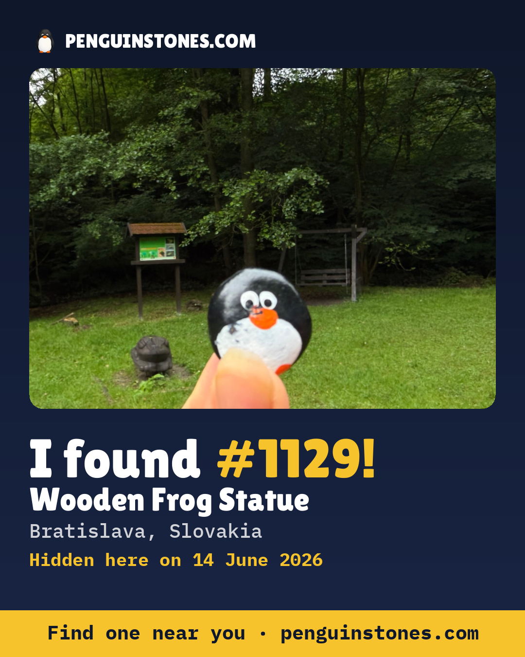 Obrázok s nápisom „I found #1129“: fotka kameňa, kde je a ako ďaleko docestoval