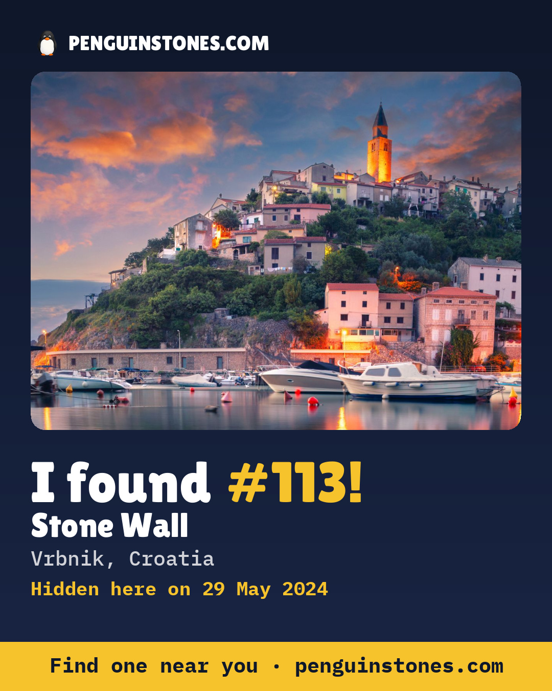 Obrázok s nápisom „I found #113“: fotka kameňa, kde je a ako ďaleko docestoval
