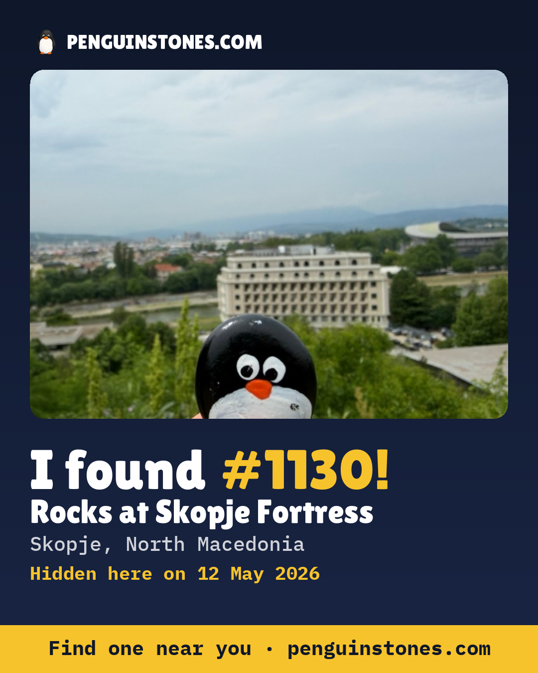 Obrázok s nápisom „I found #1130“: fotka kameňa, kde je a ako ďaleko docestoval