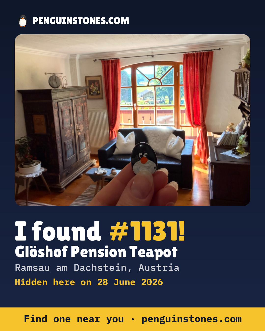 Obrázok s nápisom „I found #1131“: fotka kameňa, kde je a ako ďaleko docestoval
