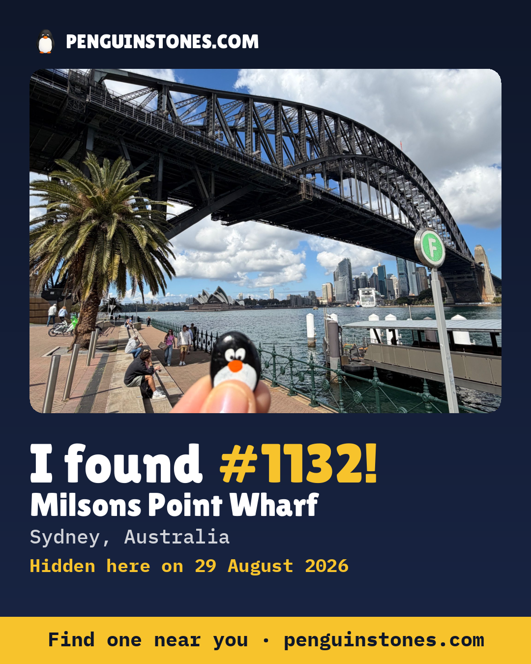 Obrázok s nápisom „I found #1132“: fotka kameňa, kde je a ako ďaleko docestoval