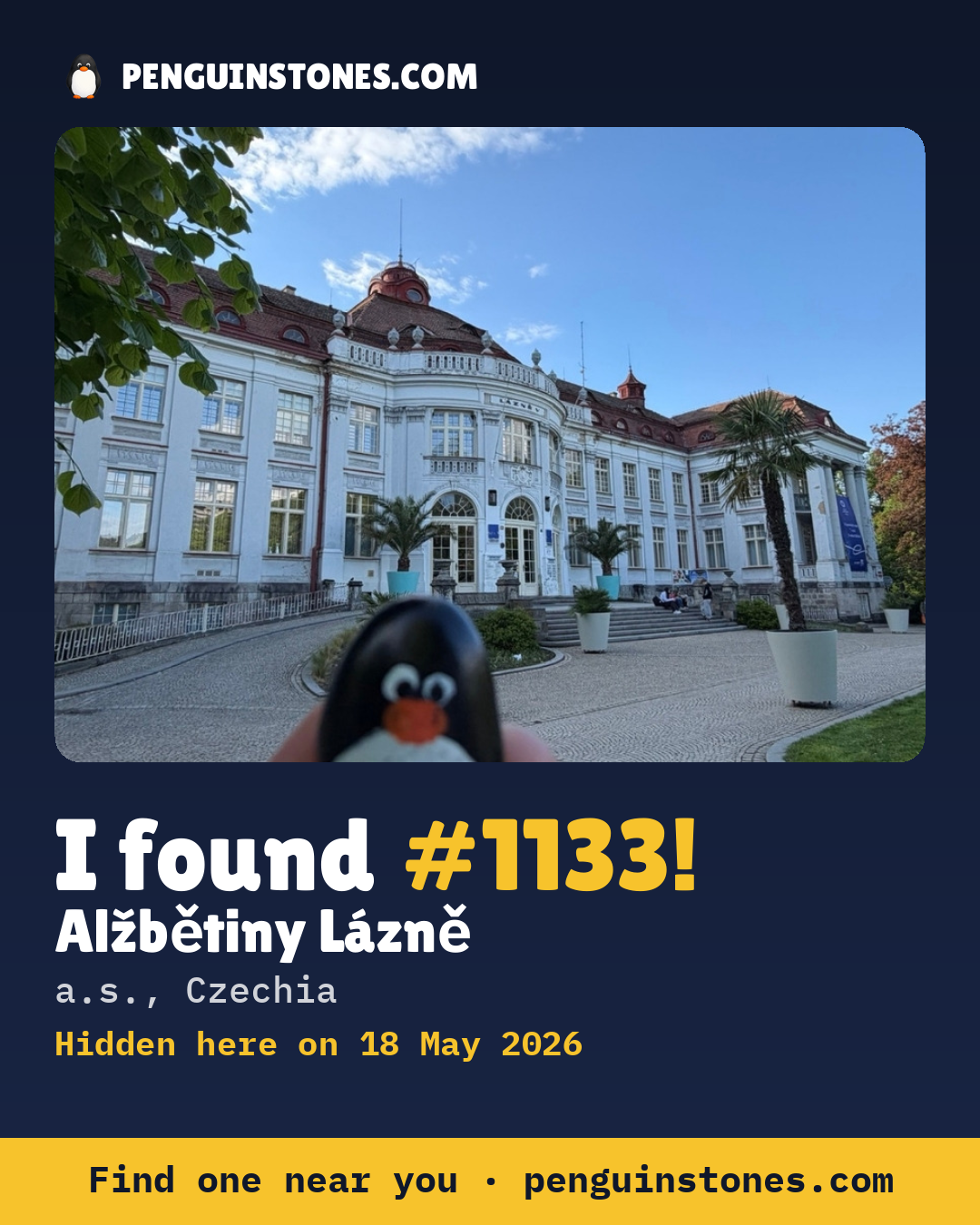 Obrázok s nápisom „I found #1133“: fotka kameňa, kde je a ako ďaleko docestoval