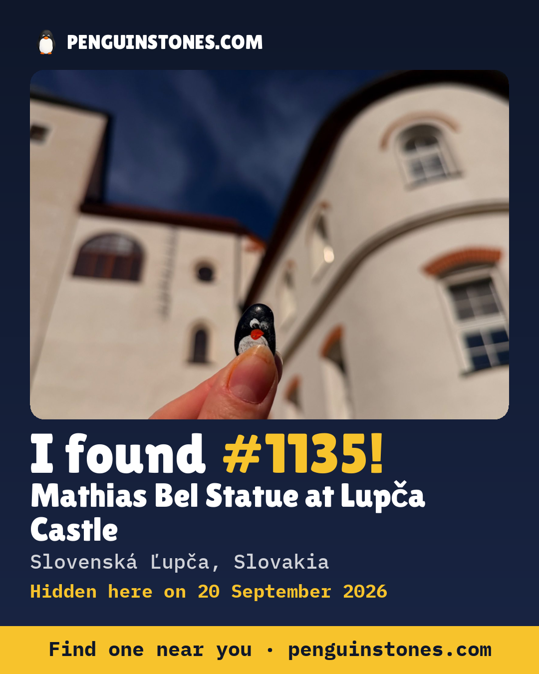Obrázok s nápisom „I found #1135“: fotka kameňa, kde je a ako ďaleko docestoval