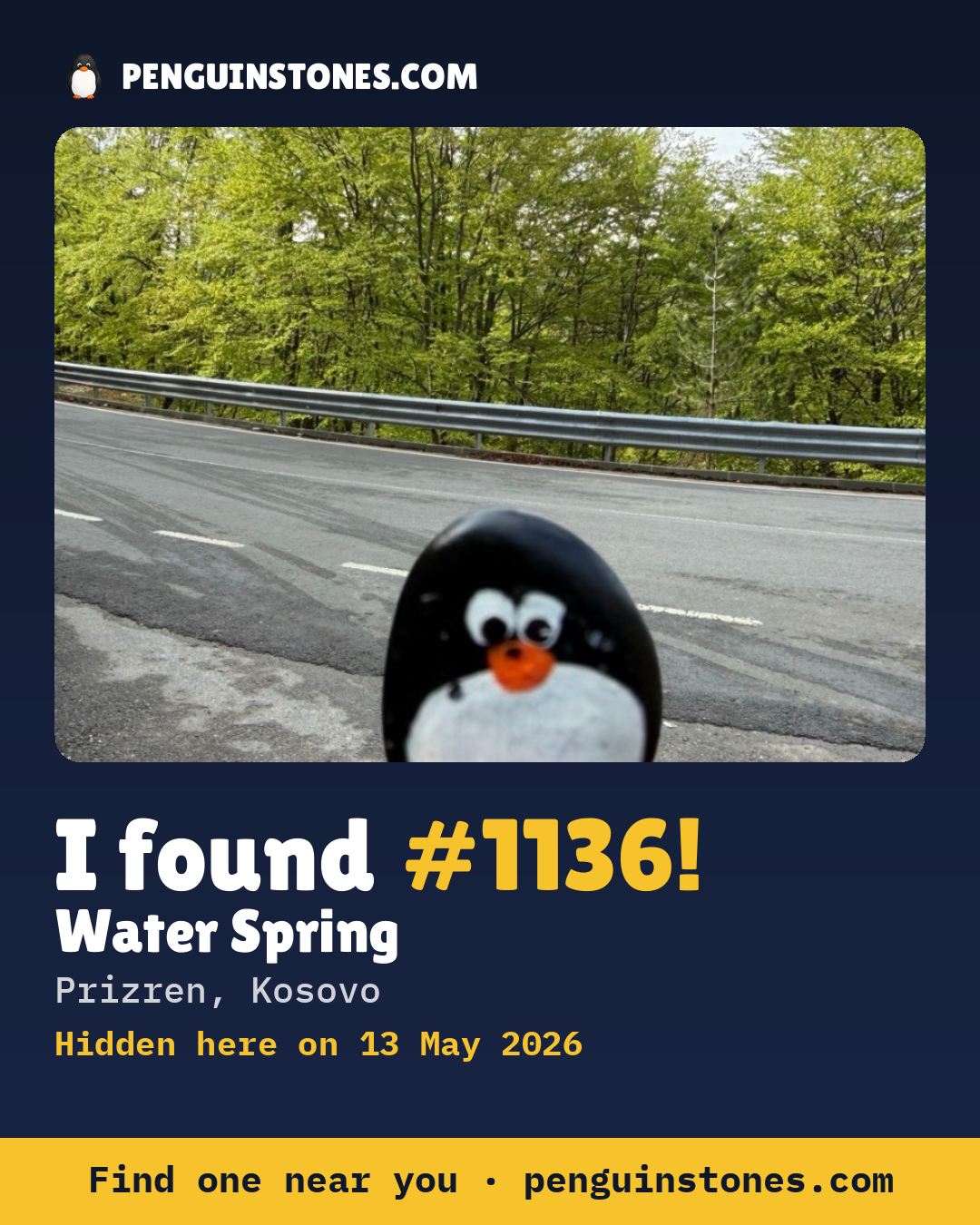 Obrázok s nápisom „I found #1136“: fotka kameňa, kde je a ako ďaleko docestoval