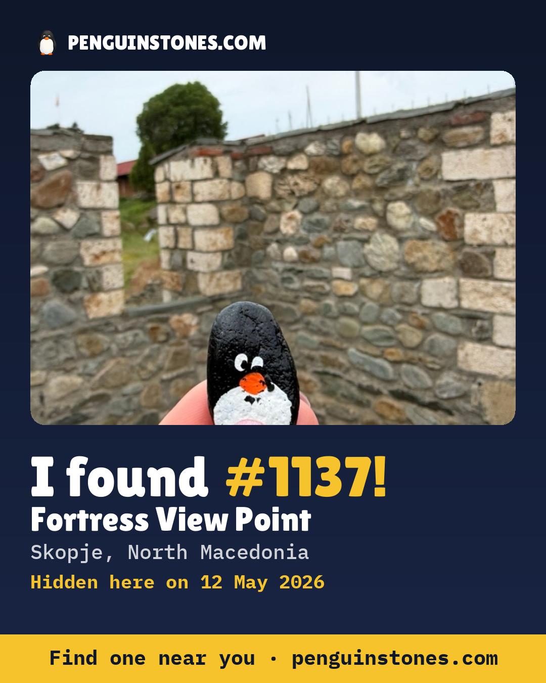 Obrázok s nápisom „I found #1137“: fotka kameňa, kde je a ako ďaleko docestoval