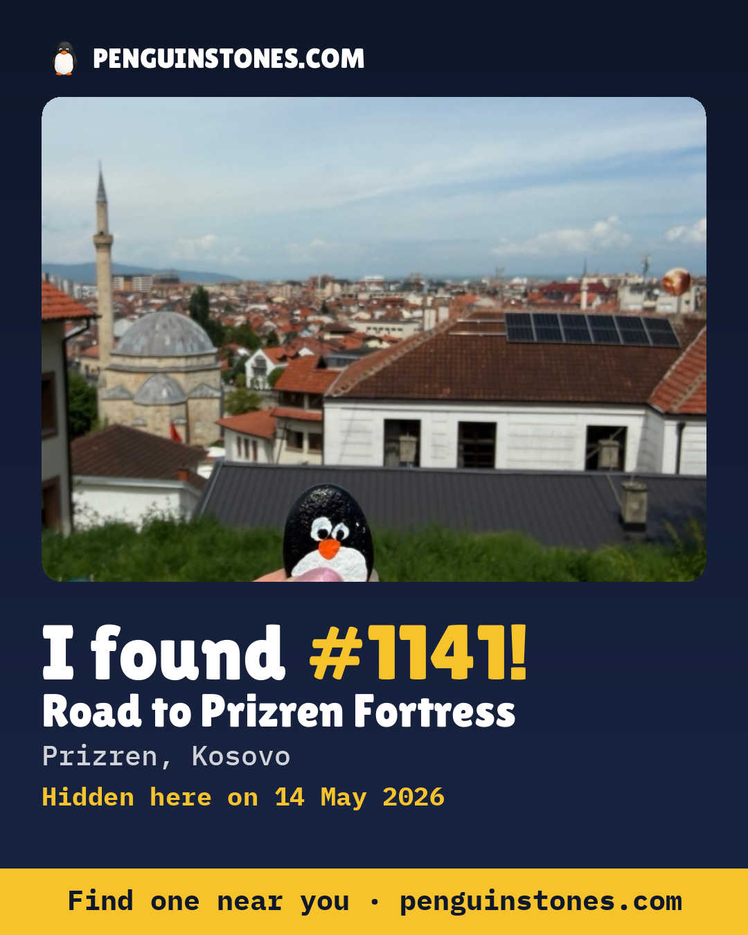 Obrázok s nápisom „I found #1141“: fotka kameňa, kde je a ako ďaleko docestoval