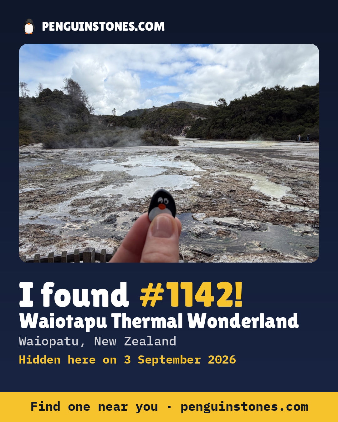 Obrázok s nápisom „I found #1142“: fotka kameňa, kde je a ako ďaleko docestoval