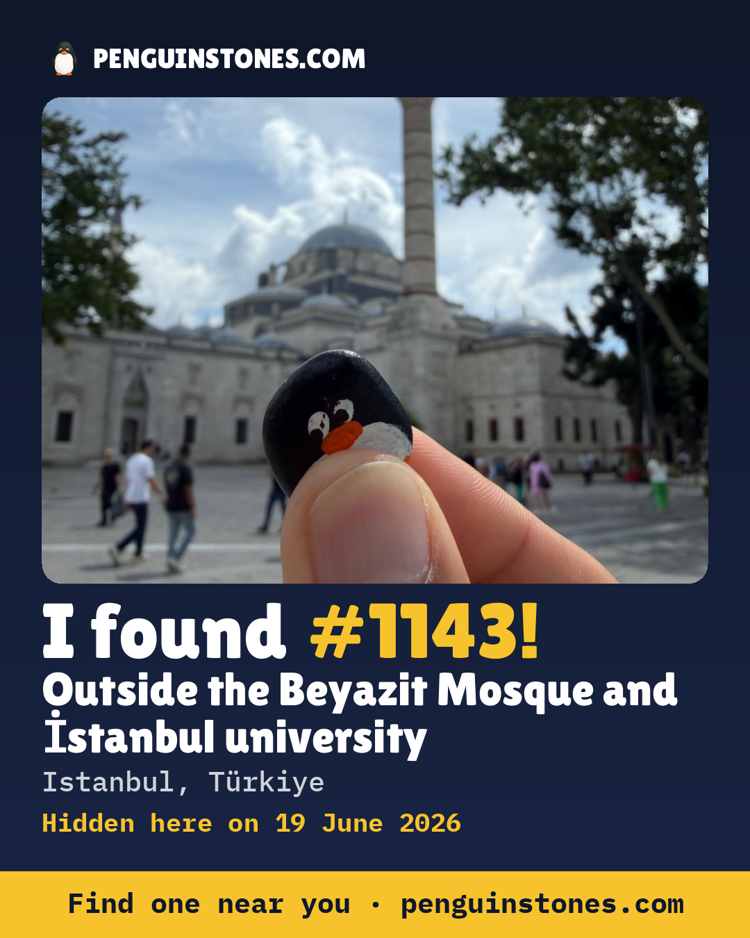 Obrázok s nápisom „I found #1143“: fotka kameňa, kde je a ako ďaleko docestoval