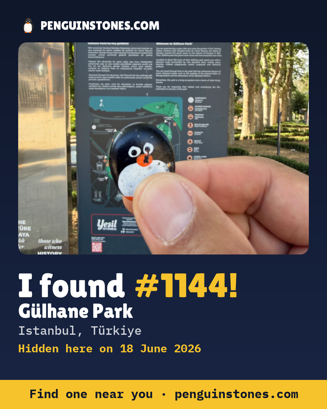 Obrázok s nápisom „I found #1144“: fotka kameňa, kde je a ako ďaleko docestoval