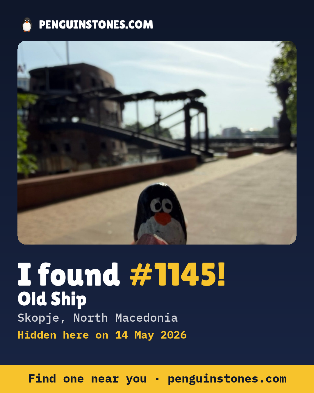 Obrázok s nápisom „I found #1145“: fotka kameňa, kde je a ako ďaleko docestoval