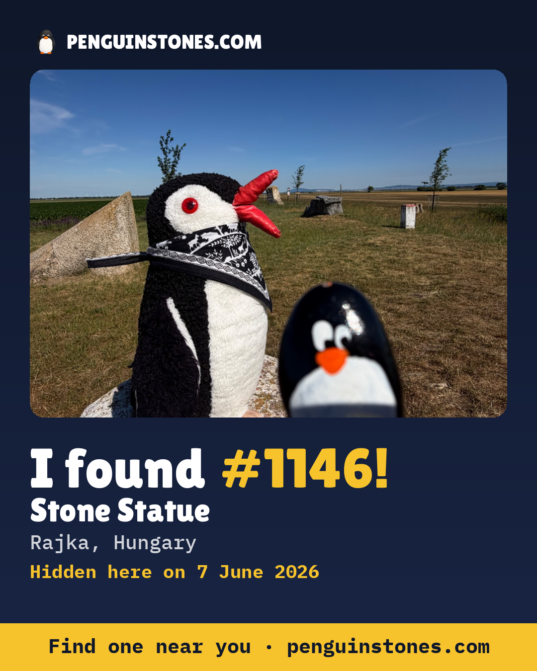Obrázok s nápisom „I found #1146“: fotka kameňa, kde je a ako ďaleko docestoval
