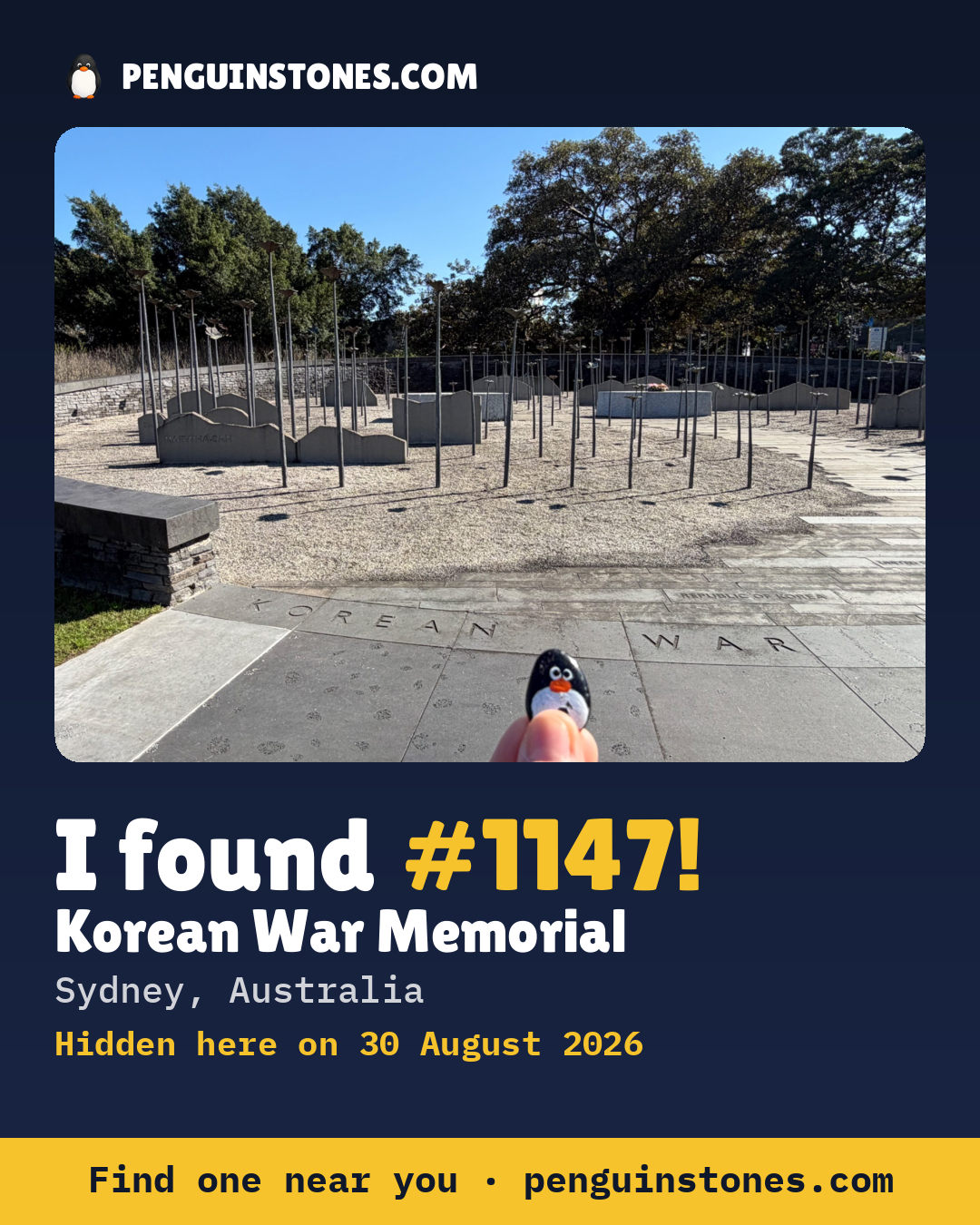 Obrázok s nápisom „I found #1147“: fotka kameňa, kde je a ako ďaleko docestoval