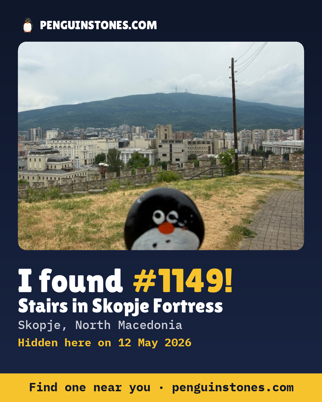 Obrázok s nápisom „I found #1149“: fotka kameňa, kde je a ako ďaleko docestoval