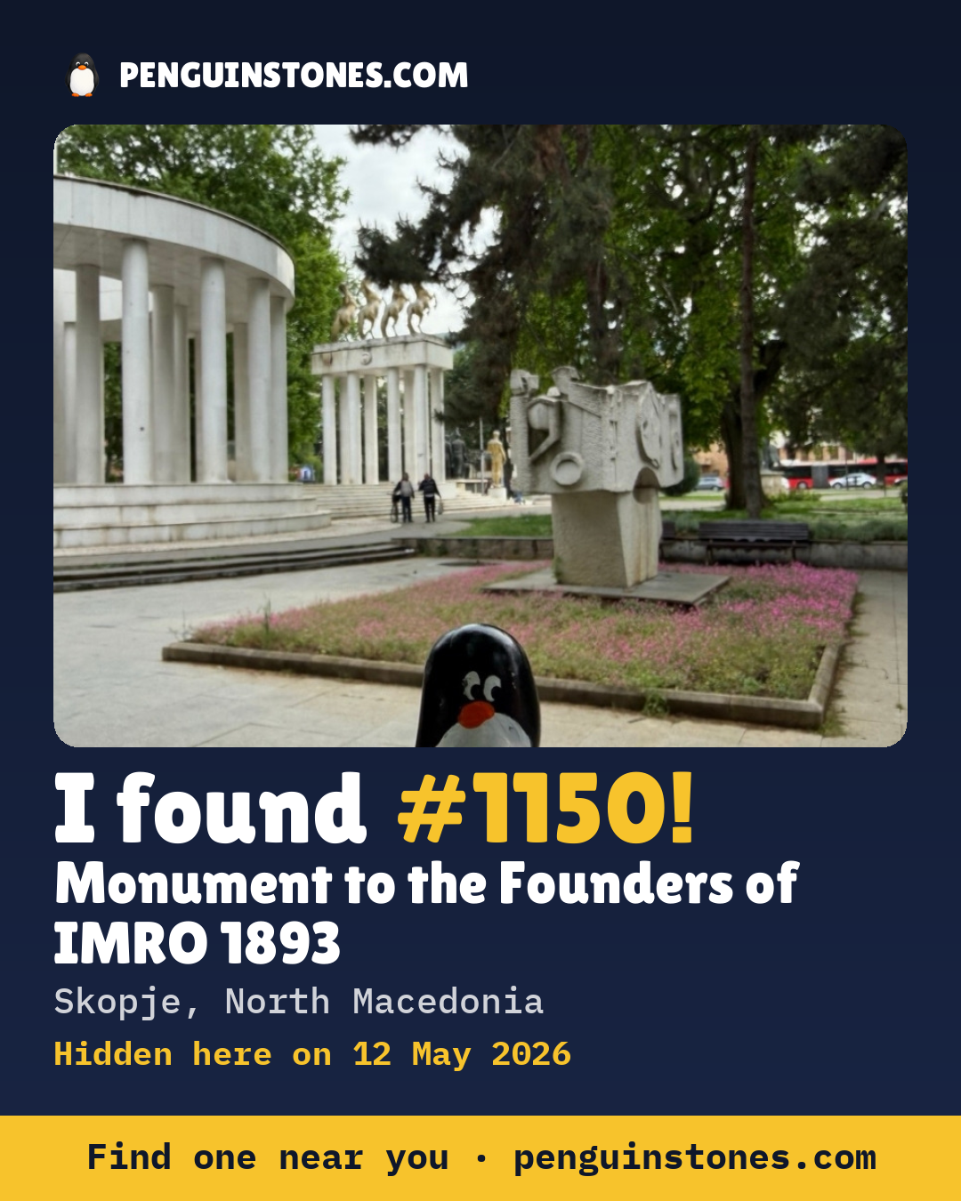 Obrázok s nápisom „I found #1150“: fotka kameňa, kde je a ako ďaleko docestoval