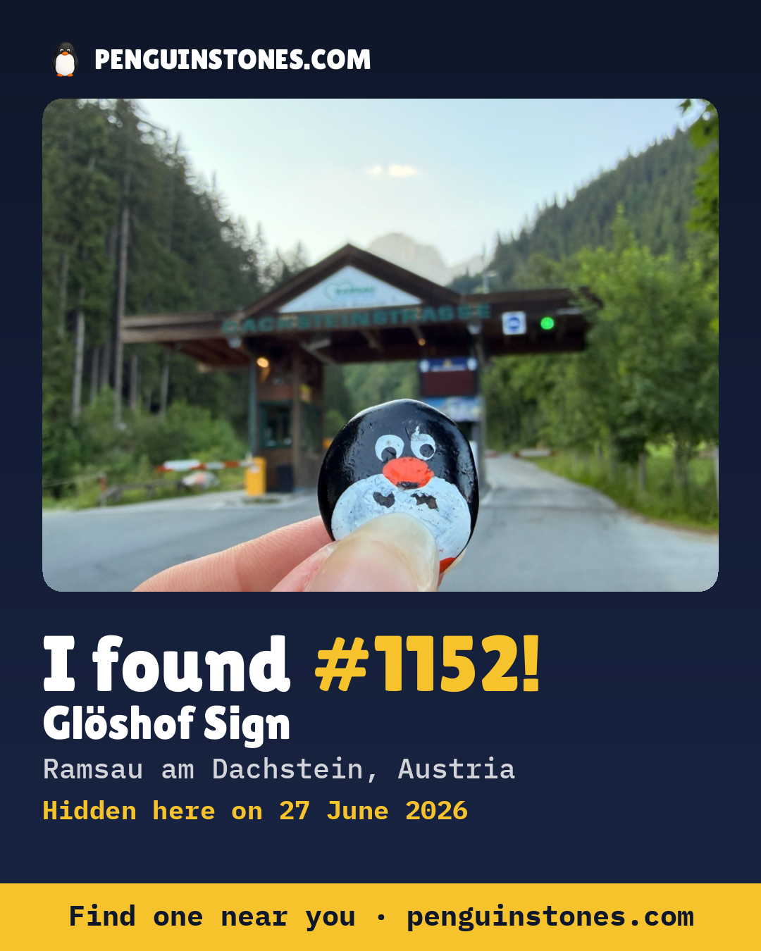 Obrázok s nápisom „I found #1152“: fotka kameňa, kde je a ako ďaleko docestoval