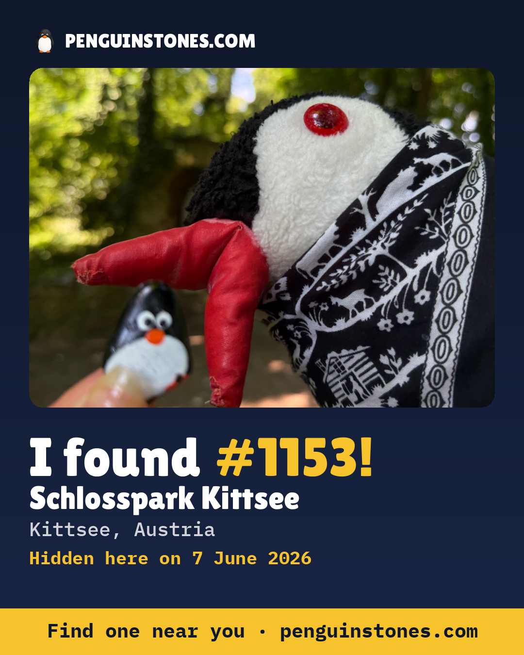 Obrázok s nápisom „I found #1153“: fotka kameňa, kde je a ako ďaleko docestoval