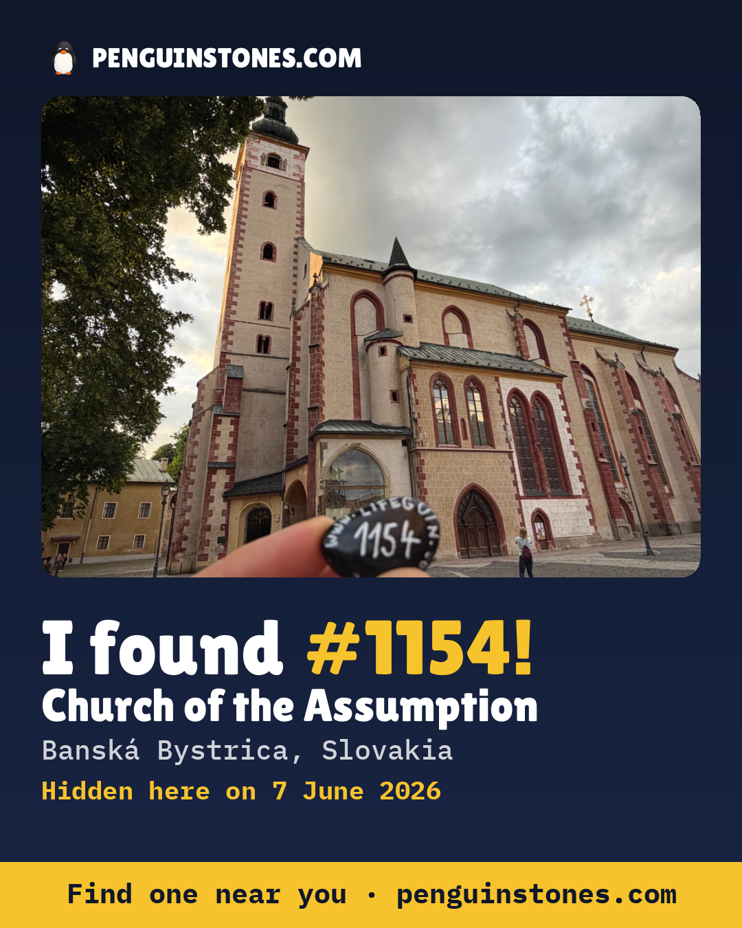 Obrázok s nápisom „I found #1154“: fotka kameňa, kde je a ako ďaleko docestoval