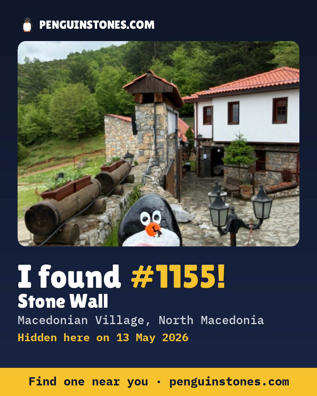 Obrázok s nápisom „I found #1155“: fotka kameňa, kde je a ako ďaleko docestoval