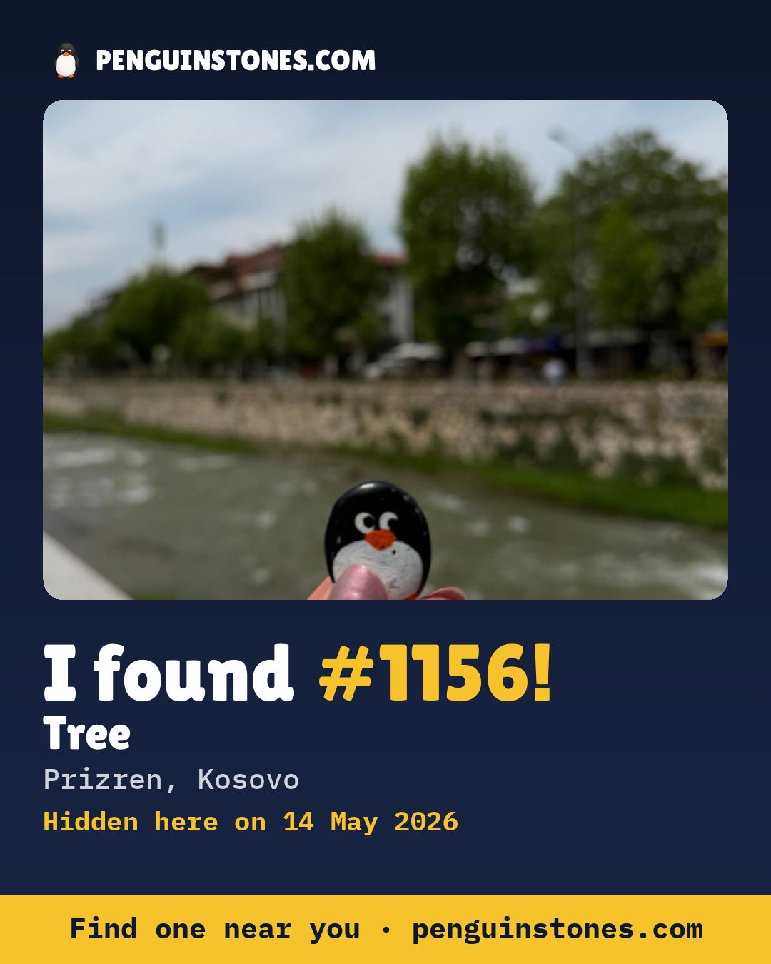 Obrázok s nápisom „I found #1156“: fotka kameňa, kde je a ako ďaleko docestoval