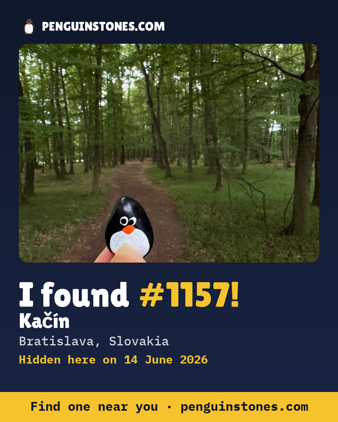Obrázok s nápisom „I found #1157“: fotka kameňa, kde je a ako ďaleko docestoval