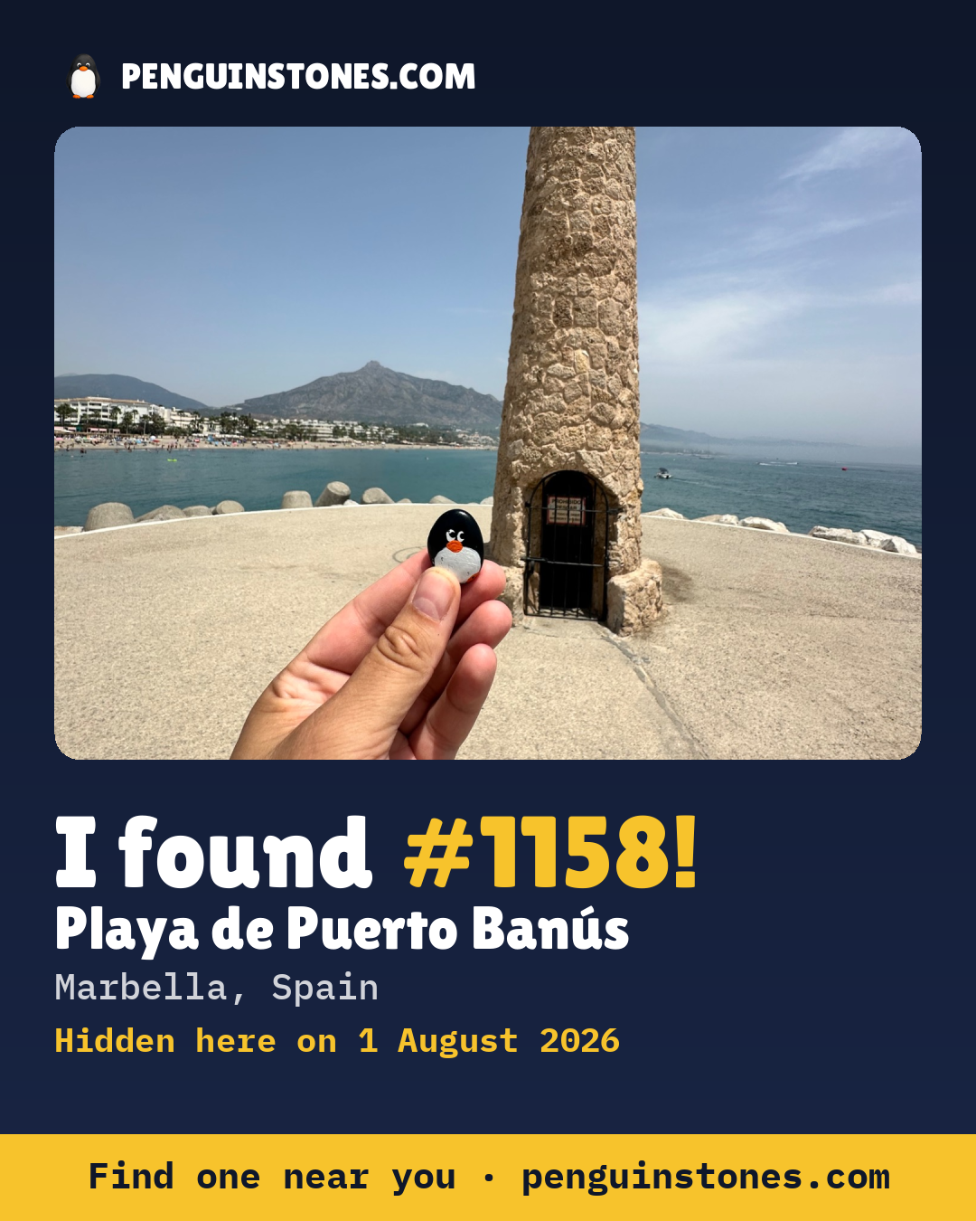 Obrázok s nápisom „I found #1158“: fotka kameňa, kde je a ako ďaleko docestoval