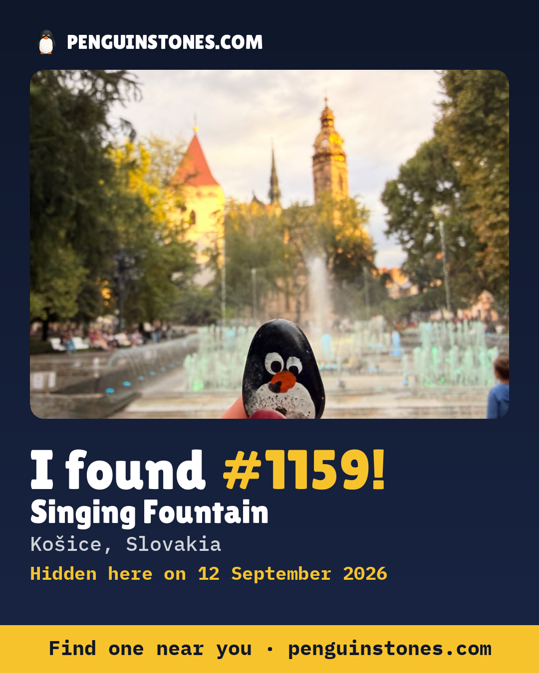 Obrázok s nápisom „I found #1159“: fotka kameňa, kde je a ako ďaleko docestoval