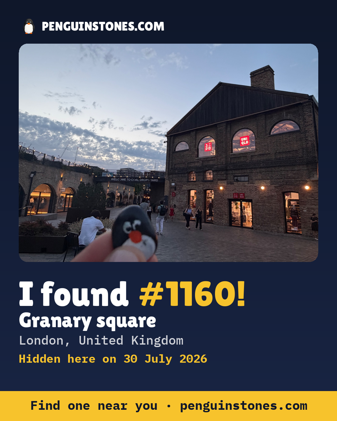 Obrázok s nápisom „I found #1160“: fotka kameňa, kde je a ako ďaleko docestoval